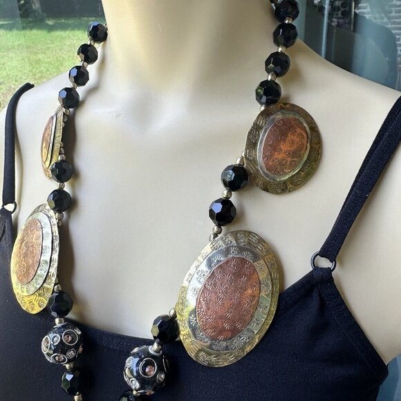 Vintage Brass Copper‎ Silver Tone Avant Garde Bib Necklace Pressed Etched 24" - Picture 3 of 11